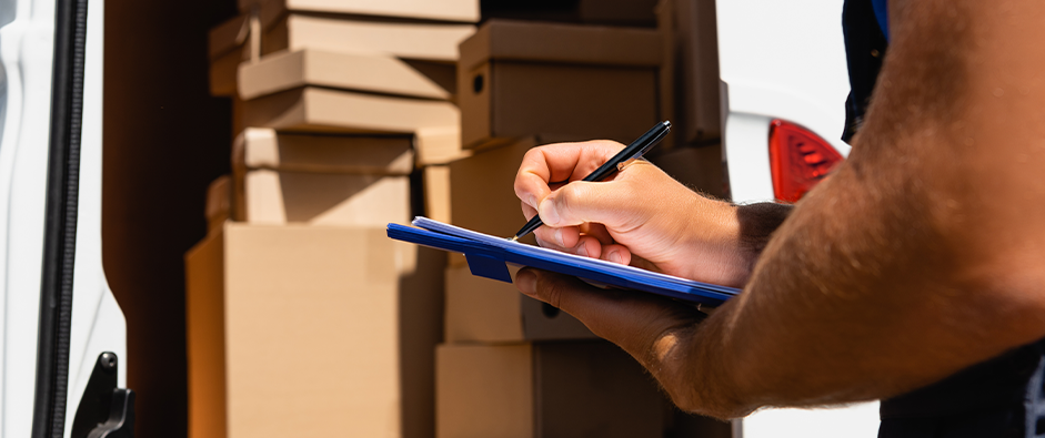 Cropped view of loader writing on clipboard beside cardboard boxes in truck outdoors